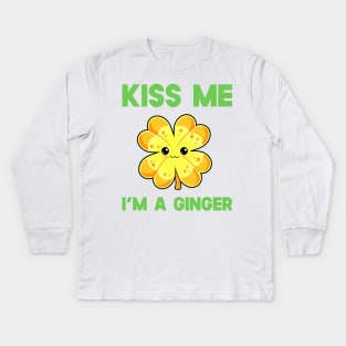 St Patricks Day Kiss Me I'm A Ginger Kawaii Cute Clover Kids Long Sleeve T-Shirt